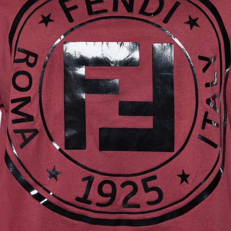 Pre Owned Fendi Burgundy Embossed Logo Print Cotton Crew Neck T-Shirt S