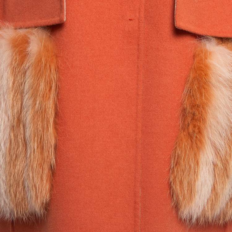 Pre Owned Fendi Orange Fox Fur and Felt Wool Cape Coat M