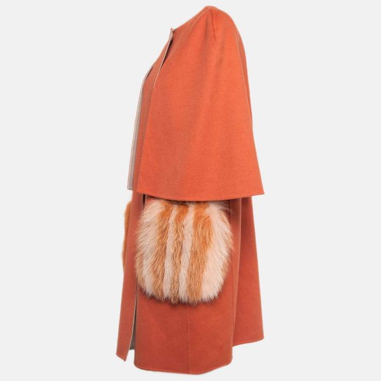 Pre Owned Fendi Orange Fox Fur and Felt Wool Cape Coat M