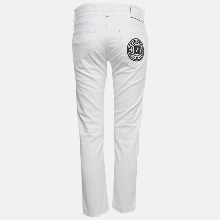 Pre Owned Fendi White Denim Logo Printed Jeans L Waist 31"