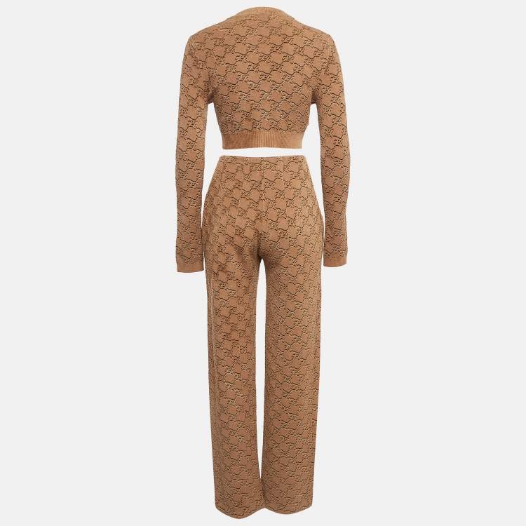 Pre Owned Fendi Brown Jacquard Knit Trouser and Cardigan Set S