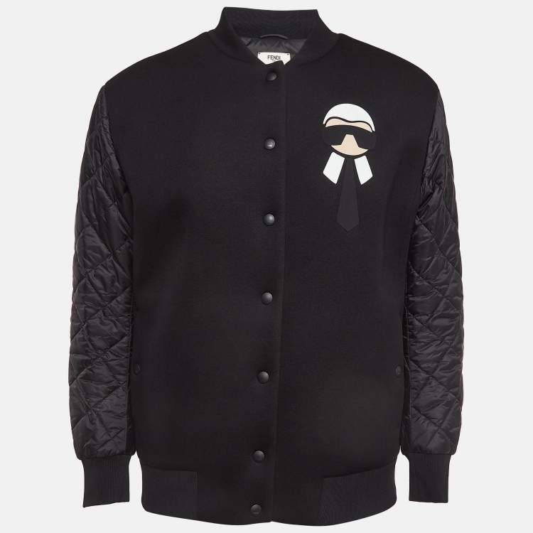 Pre Owned Fendi Karlito Black Logo Applique Detail Quilted Down Bomber Jacket M