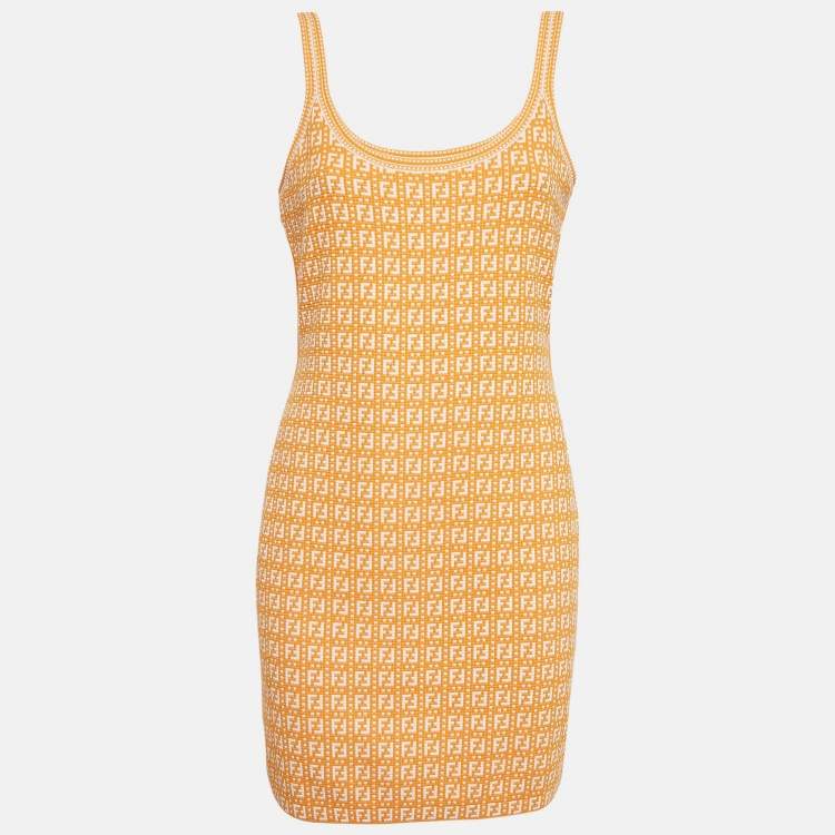 Pre Owned Fendi Orange Zucca Knit Mini Bodycon Dress M