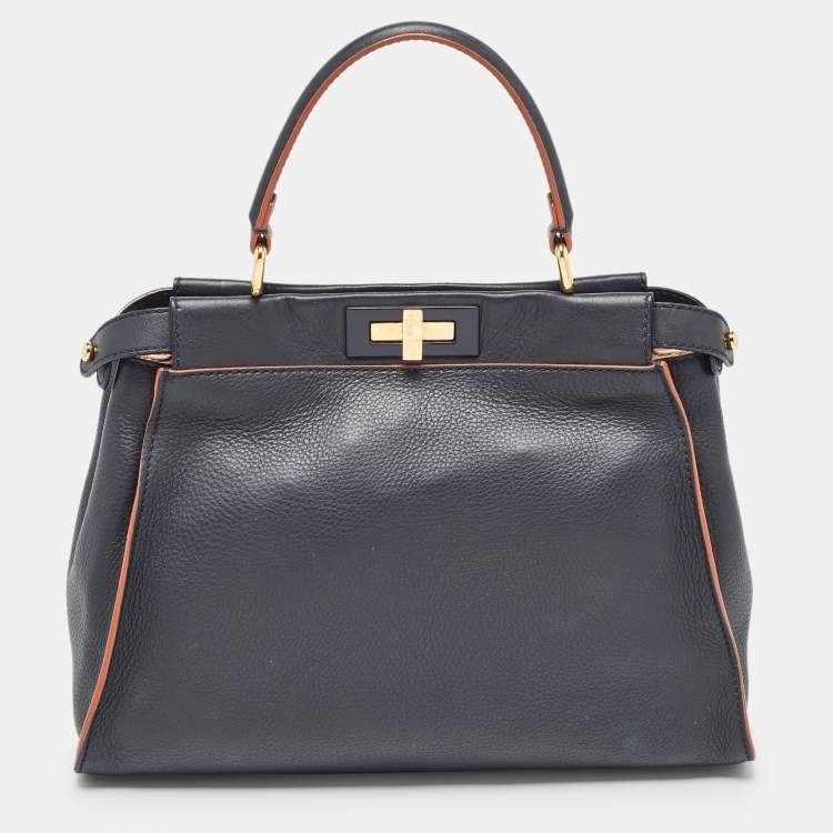 Pre Owned Fendi Navy Blue Leather Medium Peekaboo Top Handle Bag