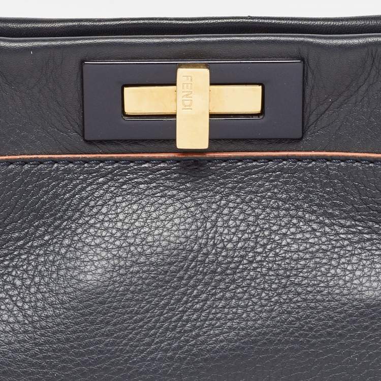 Pre Owned Fendi Navy Blue Leather Medium Peekaboo Top Handle Bag