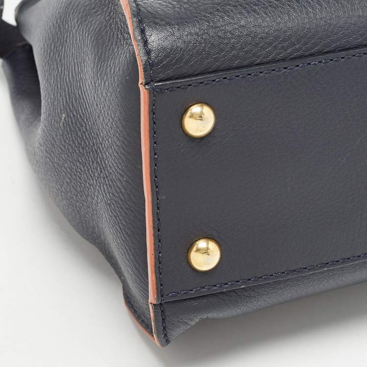 Pre Owned Fendi Navy Blue Leather Medium Peekaboo Top Handle Bag