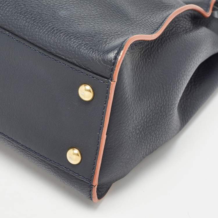Pre Owned Fendi Navy Blue Leather Medium Peekaboo Top Handle Bag