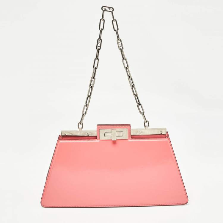 Pre Owned Fendi Pink Patent Leather Medium Peekaboo Cut Bag