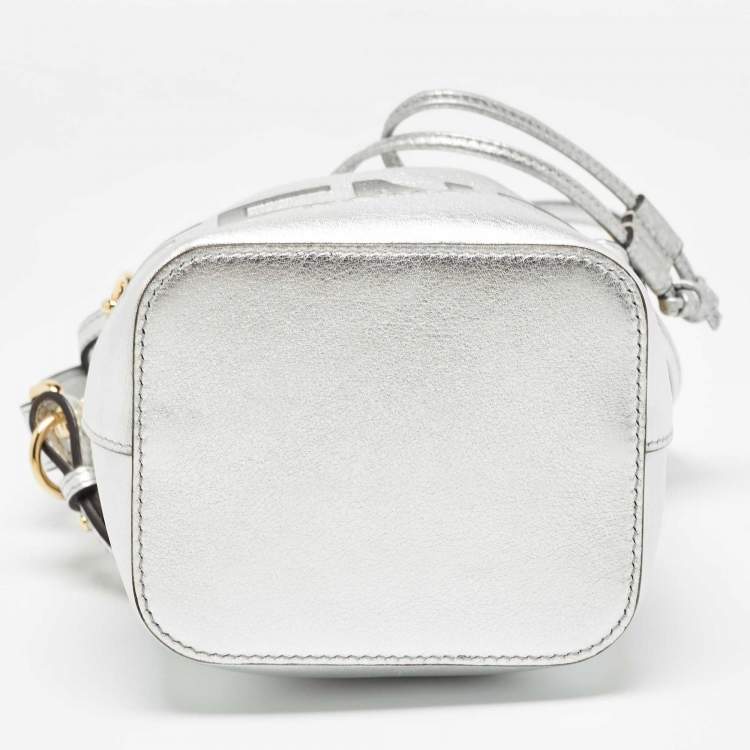 Pre Owned Fendi SIlver Leather Mini Mon Tresor Drawstring Bucket Bag