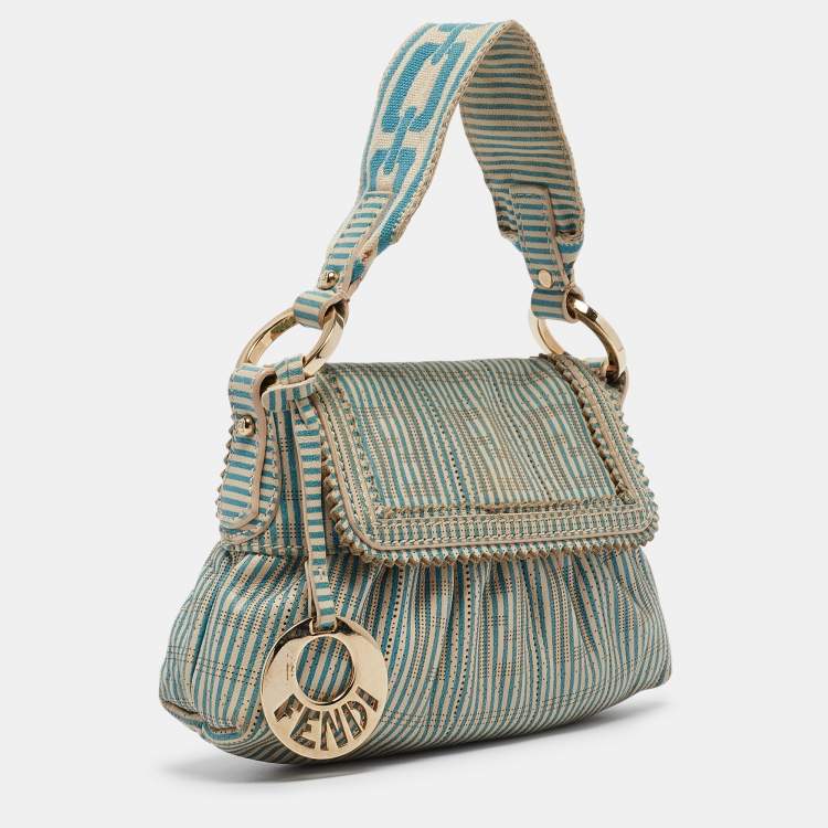Pre Owned Fendi Blue/White Stripe Leather Mini Perforated FF Chef Pochette Bag