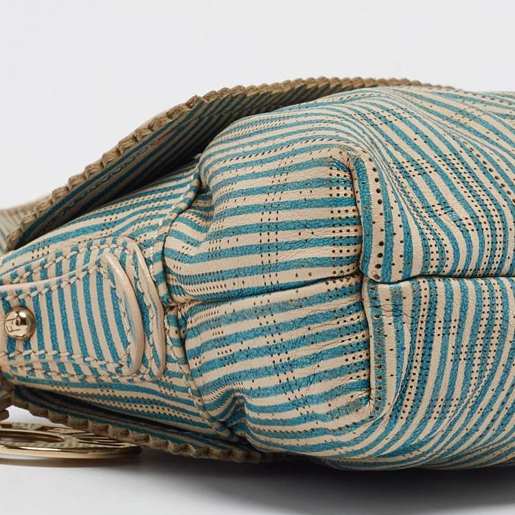 Pre Owned Fendi Blue/White Stripe Leather Mini Perforated FF Chef Pochette Bag