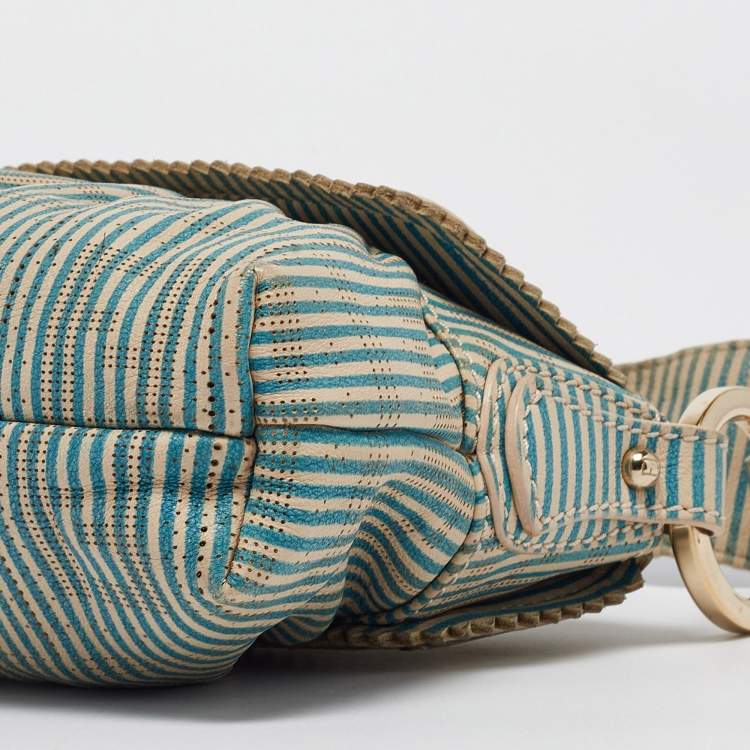 Pre Owned Fendi Blue/White Stripe Leather Mini Perforated FF Chef Pochette Bag