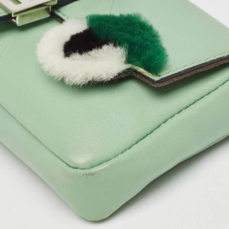 Pre Owned Fendi Green Leather and Fox Fur Micro Buggie Baguette Bag