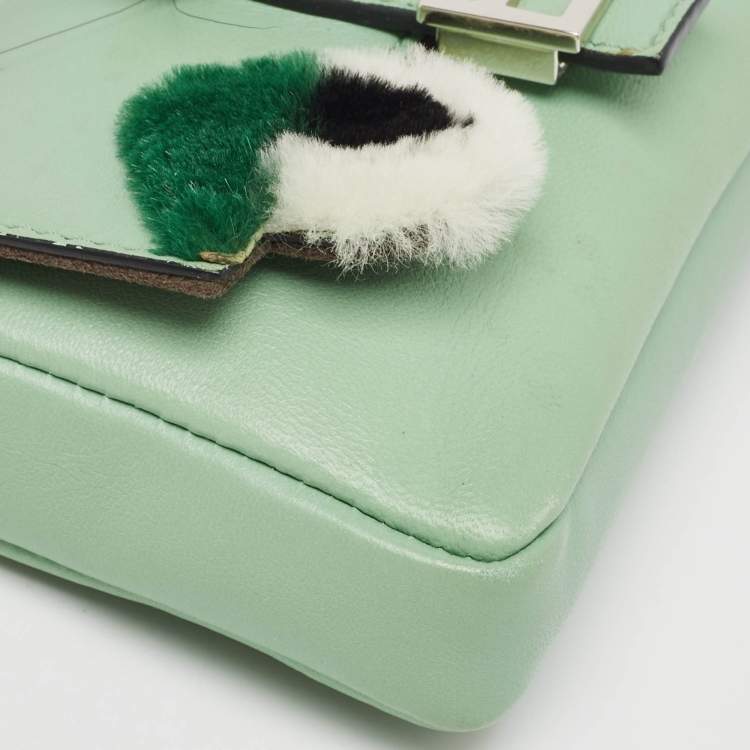 Pre Owned Fendi Green Leather and Fox Fur Micro Buggie Baguette Bag