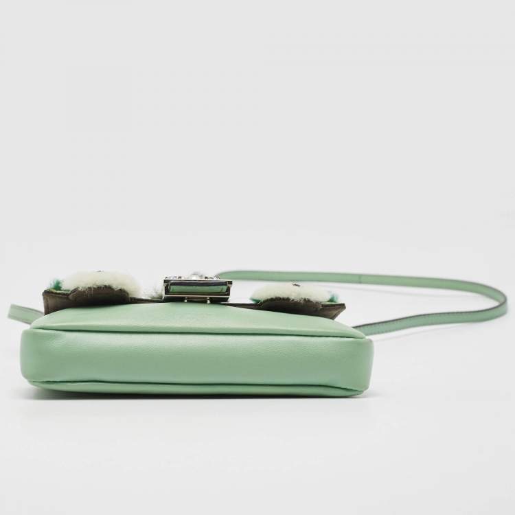 Pre Owned Fendi Green Leather and Fox Fur Micro Buggie Baguette Bag