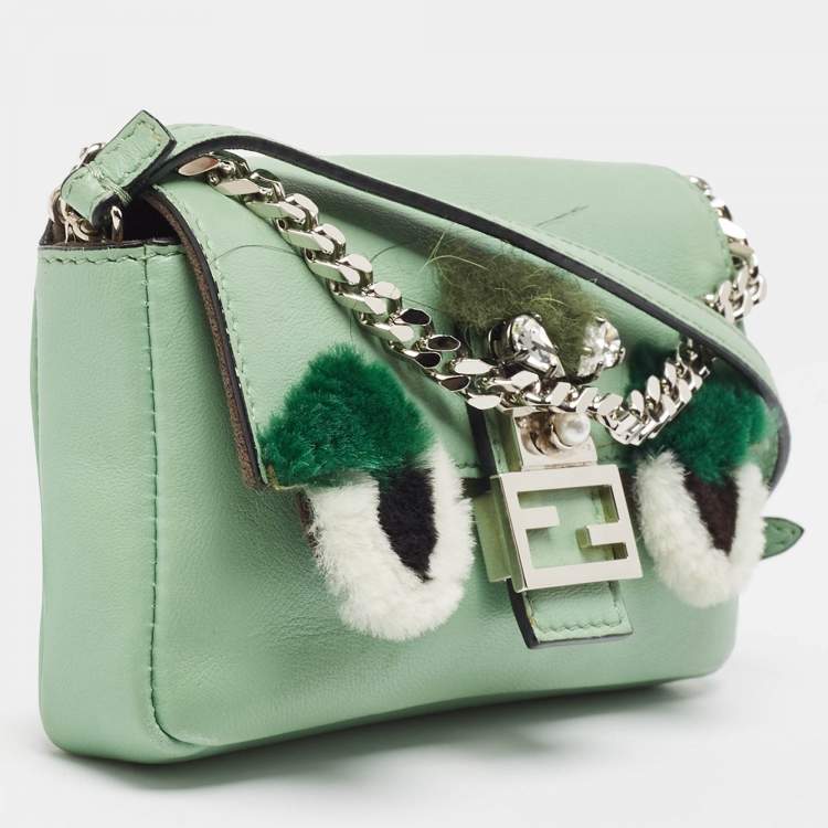 Pre Owned Fendi Green Leather and Fox Fur Micro Buggie Baguette Bag