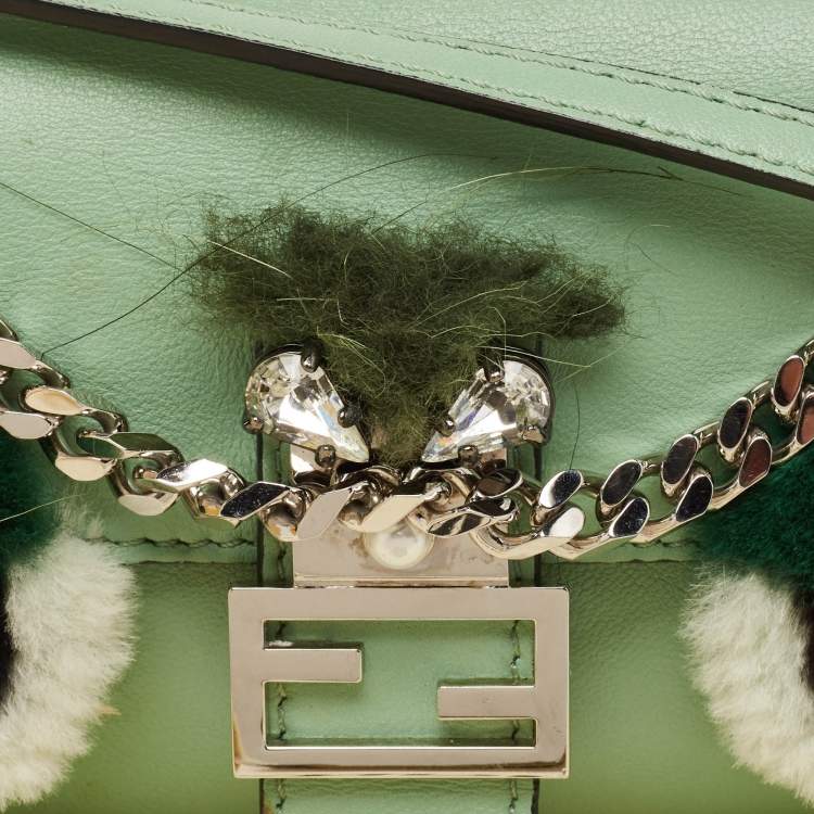 Pre Owned Fendi Green Leather and Fox Fur Micro Buggie Baguette Bag