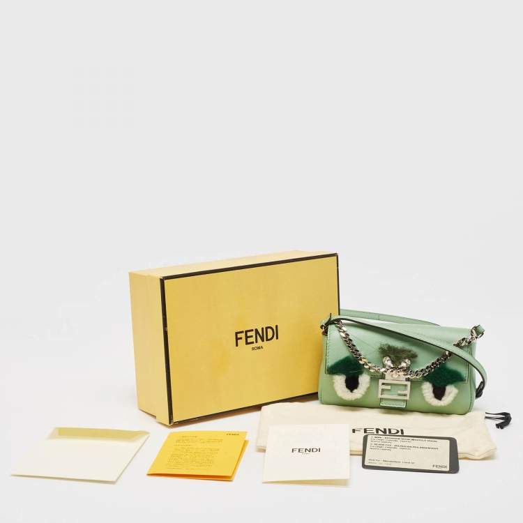Pre Owned Fendi Green Leather and Fox Fur Micro Buggie Baguette Bag