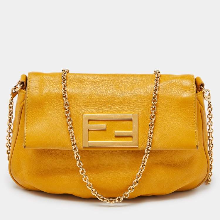 Pre Owned Fendi Yellow Leather Fendista Pochette Crossbody Bag