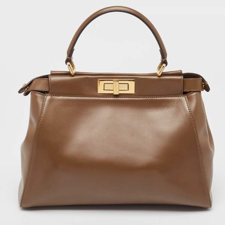 Pre Owned Fendi Brown Leather Medium Peekaboo Top Handle Bag