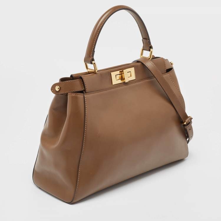 Pre Owned Fendi Brown Leather Medium Peekaboo Top Handle Bag