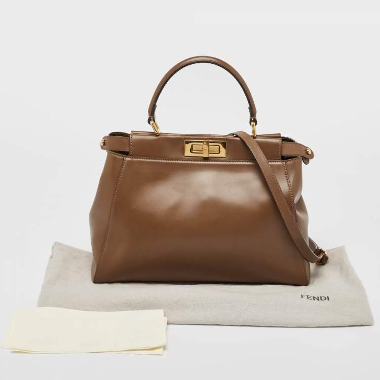 Pre Owned Fendi Brown Leather Medium Peekaboo Top Handle Bag