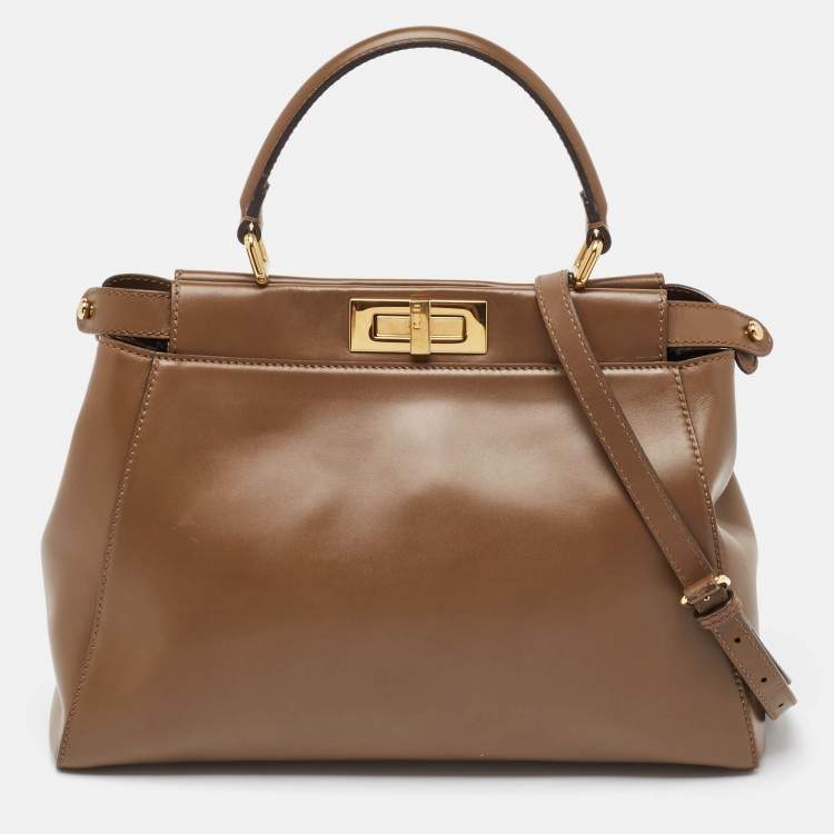 Pre Owned Fendi Brown Leather Medium Peekaboo Top Handle Bag