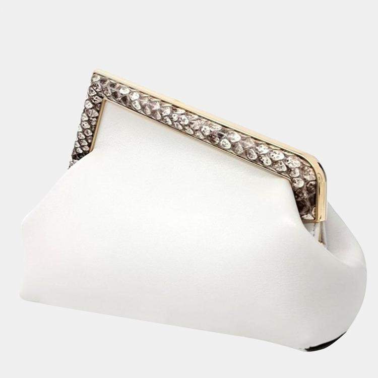Pre Owned Fendi White Roccia Shiny Nappa Snakeskin Small Fendi First Clutch