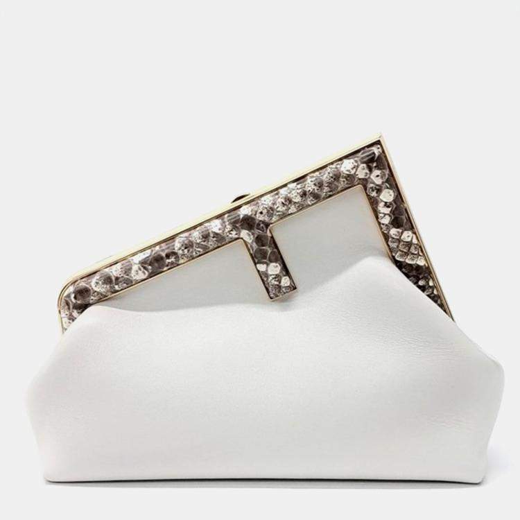 Pre Owned Fendi White Roccia Shiny Nappa Snakeskin Small Fendi First Clutch