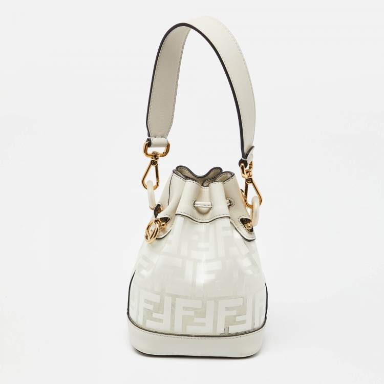 Pre Owned Fendi White Zucca PVC and Leather Mini Mon Tresor Drawstring Bucket Bag