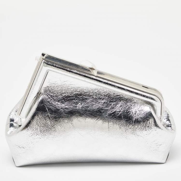 Pre Owned Fendi Silver Laminated Leather Small First Clutch