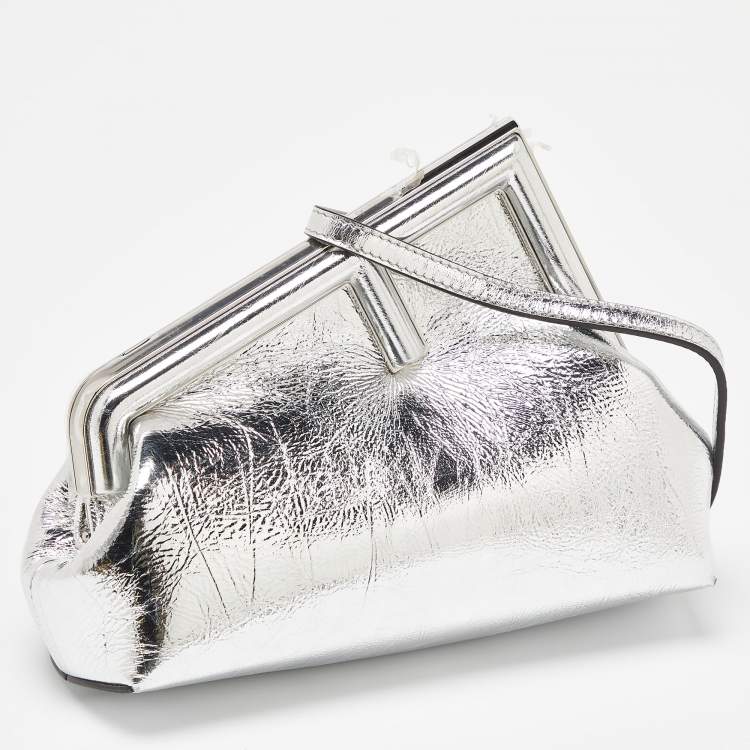 Pre Owned Fendi Silver Laminated Leather Small First Clutch