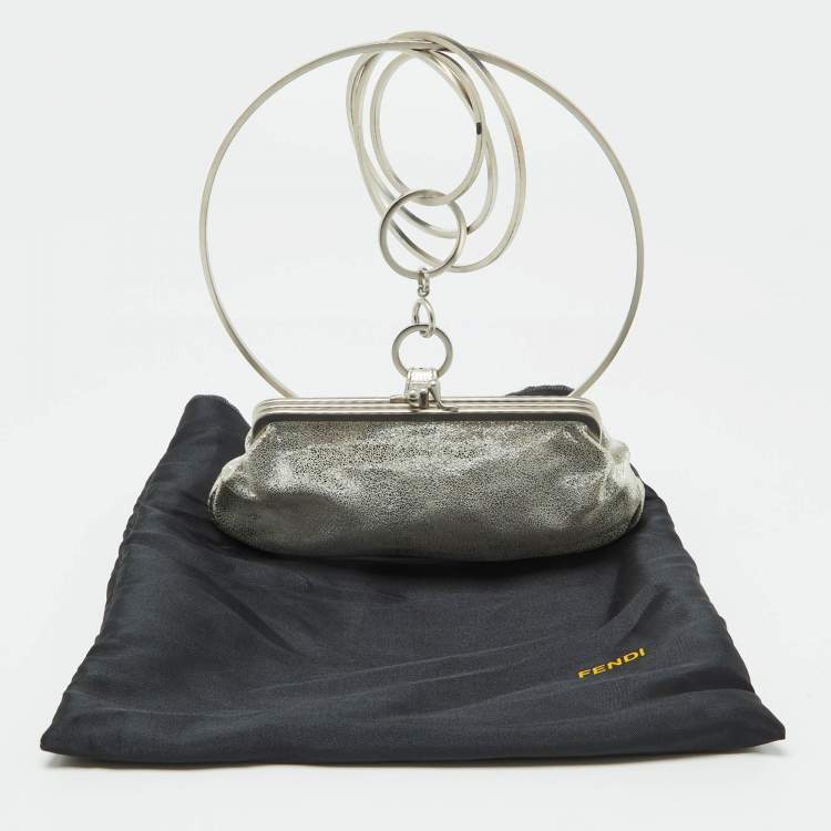 Pre Owned Fendi Silver Suede Rings Clutch