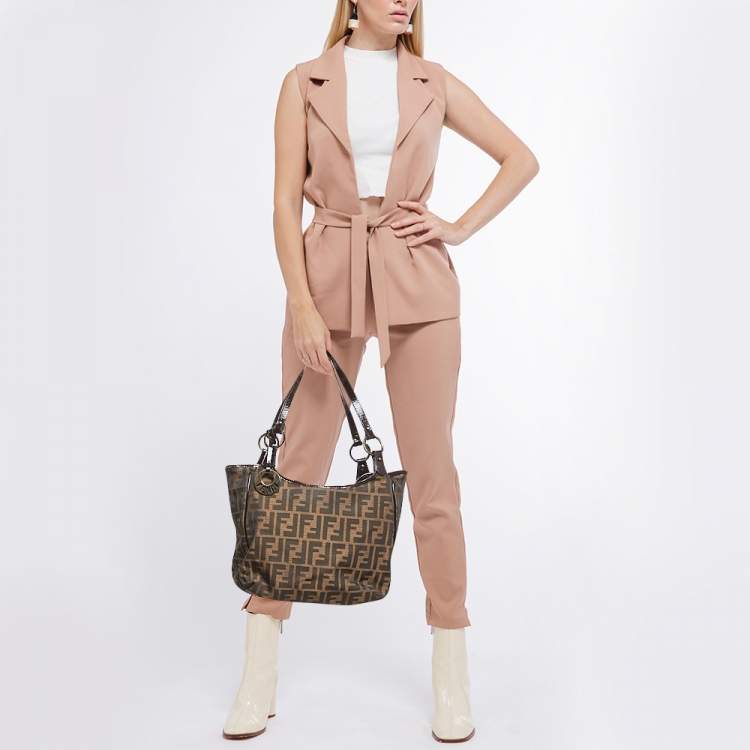 Pre Owned Fendi Black/Tobacco Zucca Canvas and Patent Leather Chef Shopper Tote