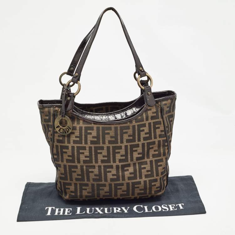 Pre Owned Fendi Black/Tobacco Zucca Canvas and Patent Leather Chef Shopper Tote