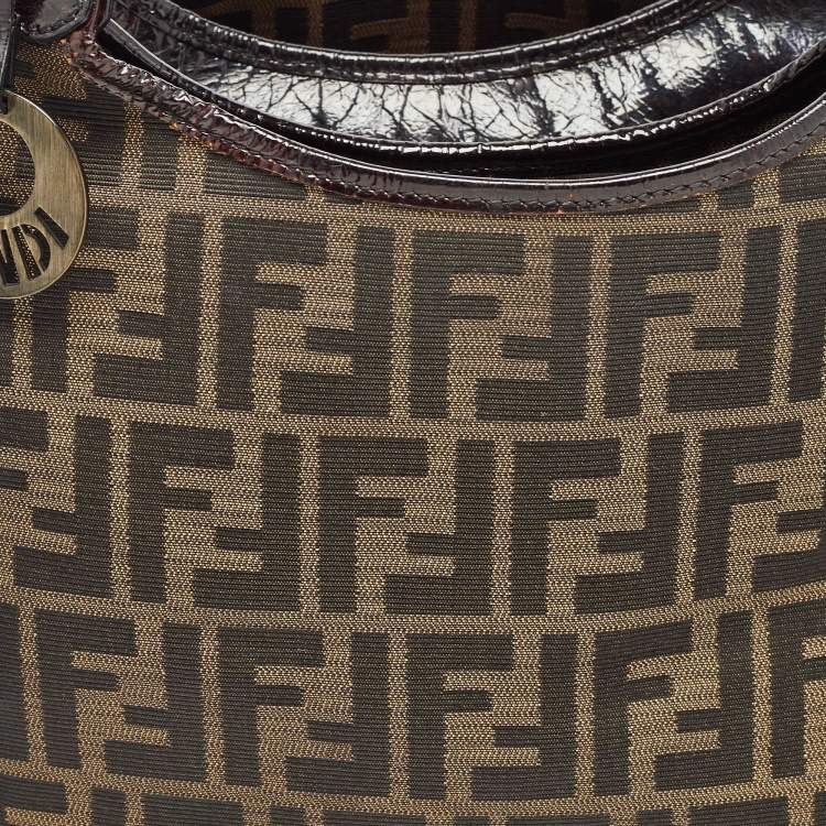 Pre Owned Fendi Black/Tobacco Zucca Canvas and Patent Leather Chef Shopper Tote