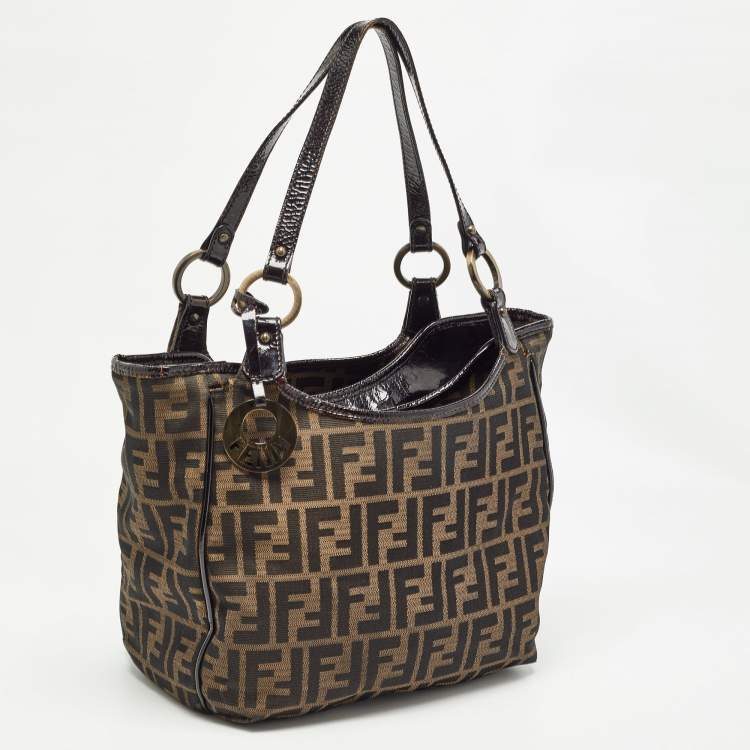 Pre Owned Fendi Black/Tobacco Zucca Canvas and Patent Leather Chef Shopper Tote