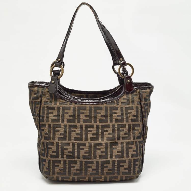Pre Owned Fendi Black/Tobacco Zucca Canvas and Patent Leather Chef Shopper Tote