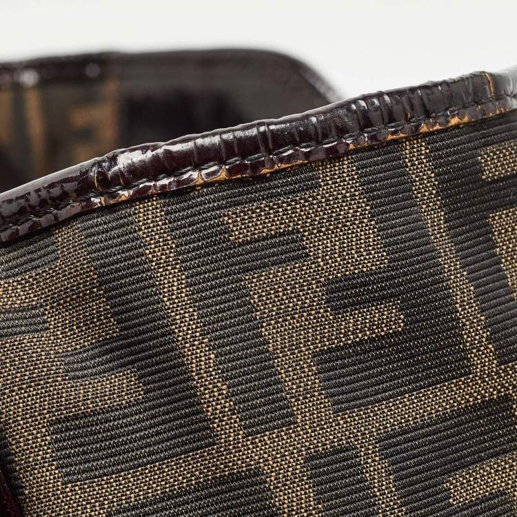 Pre Owned Fendi Black/Tobacco Zucca Canvas and Patent Leather Chef Shopper Tote