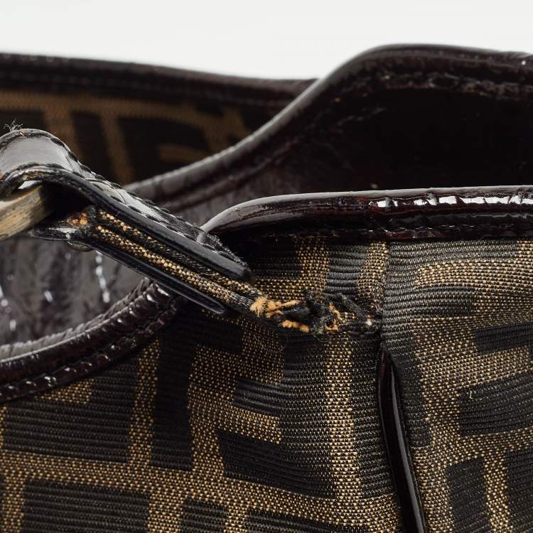 Pre Owned Fendi Black/Tobacco Zucca Canvas and Patent Leather Chef Shopper Tote