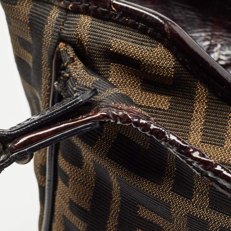Pre Owned Fendi Black/Tobacco Zucca Canvas and Patent Leather Chef Shopper Tote