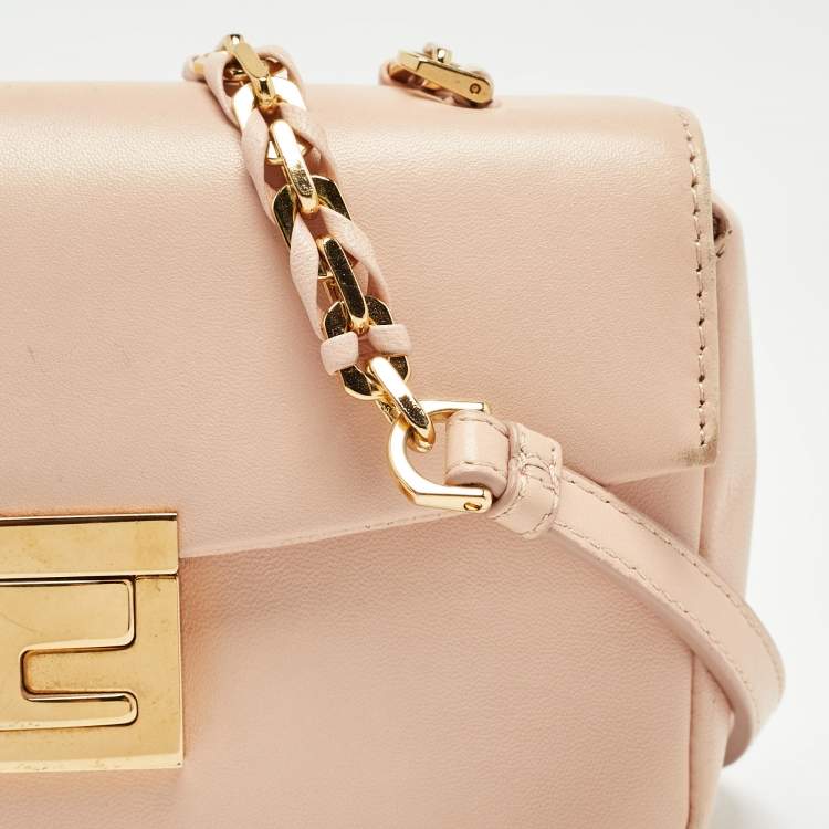 Pre Owned Fendi Peach Leather Mini Be Baguette Flap Shoulder Bag