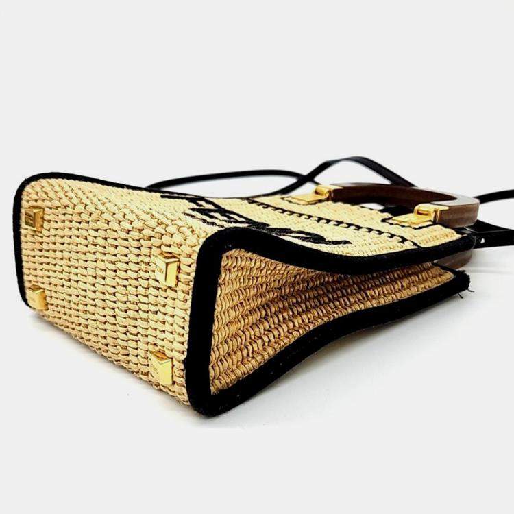 Pre Owned Fendi Black & Neutrals Raffia Mini Raffia Sunshine Shopper Bucket Bag