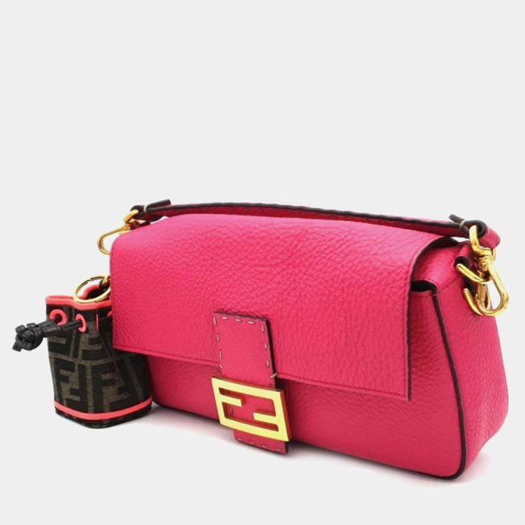 Pre Owned Fendi Piink Leather Selleria Baguette Bag w/ Montresor Bag Charm