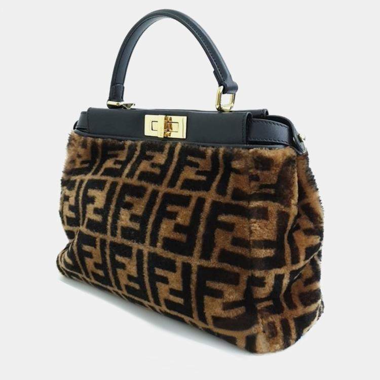 Pre Owned Fendi Brown Shearling Peekaboo Regular Handbag