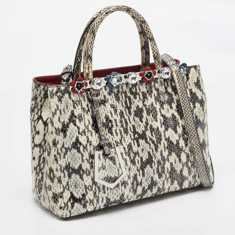 Pre Owned Fendi Black/white Snakeskin Leather Small Flowerland 2Jours Tote