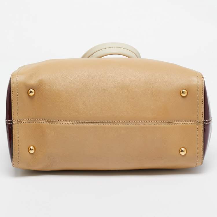 Pre Owned Fendi Red/Beige Patent and Leather Chameleon Satchel 