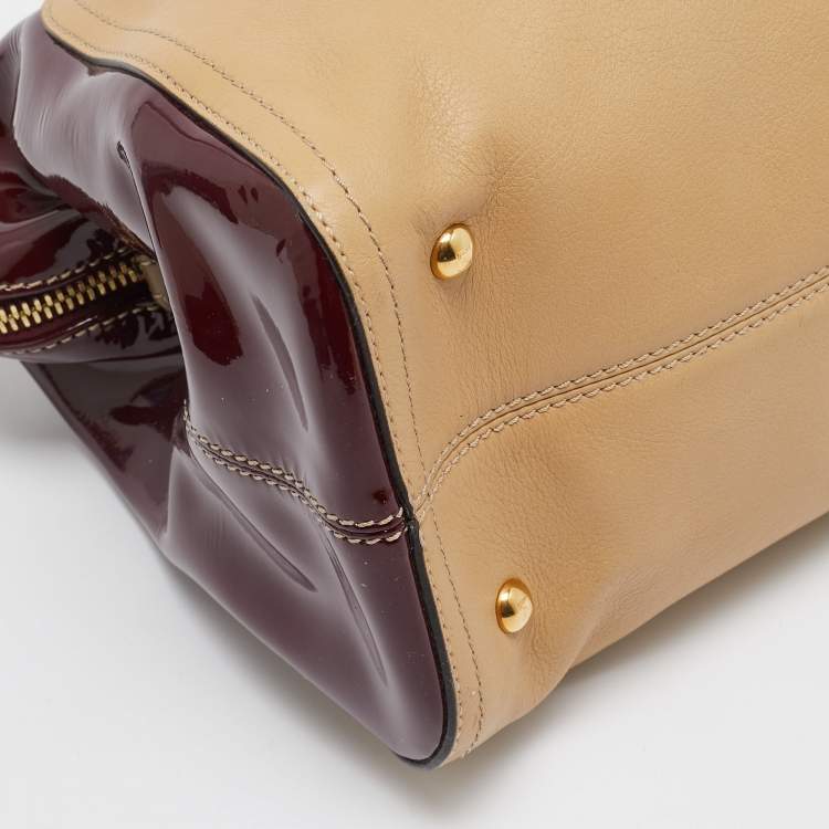 Pre Owned Fendi Red/Beige Patent and Leather Chameleon Satchel 