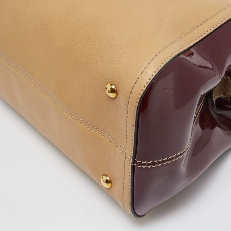 Pre Owned Fendi Red/Beige Patent and Leather Chameleon Satchel 
