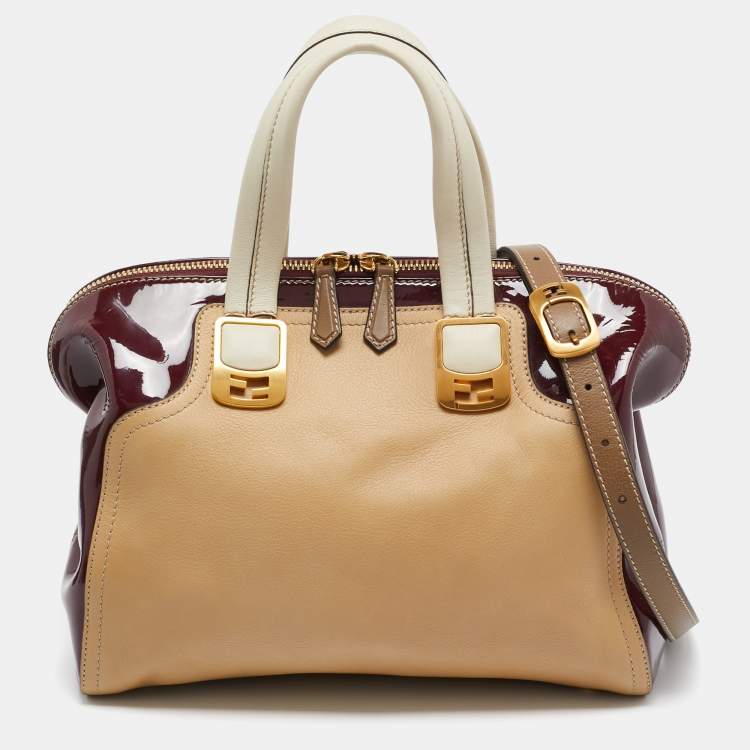 Pre Owned Fendi Red/Beige Patent and Leather Chameleon Satchel 